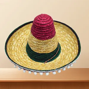 Colorful Mexican sombrero hat with white pom-pom trim for festival and party