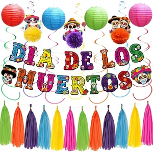 Dia de los Muertos party decoration set with skull banner, lanterns, and tassels.