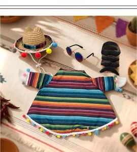 Mexican style pet poncho and straw hat set featuring colorful stripes and pom-poms