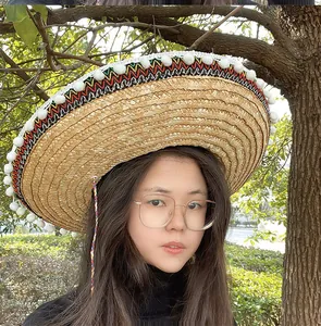 Detailopname van een model met een feestelijke Mexicaanse strohoed met kleurrijke pompons.