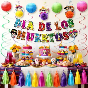 Vibrant Dia de los Muertos party decoration set featuring banners, lanterns, and tassels