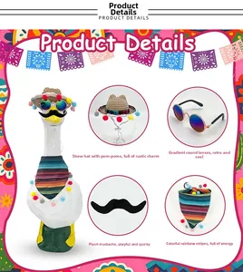 Detail of Mexican porch goose outfit set with straw hat, mustache, and striped scarf