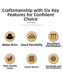 Detailed icons showing straw hat features like hand-woven wheat straw and UV protection.