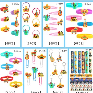 Mexican theme party favors set including llama cactus rings and bracelets