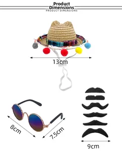 Product dimensions of Mexican straw hat, round sunglasses and mustache set for pets