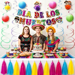 Comprehensive Dia de los Muertos party decoration kit with skull banners and tassels