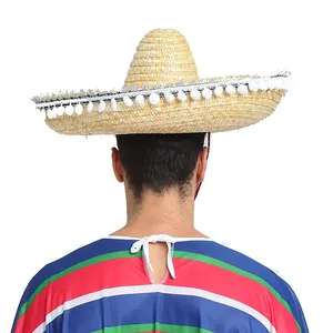 Chapeau Sombrero Mexicain pour Hommes Adultes pour Fête Masquée d'Halloween Performance en Polyester Tissé à Large Bord avec Pompons
