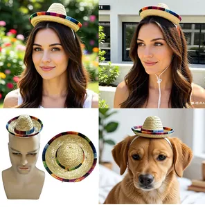 Detailed collage showing a mini Mexican straw sombrero headband for adults and pets