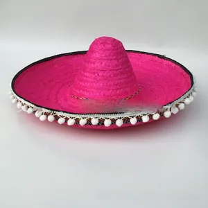 Sombrero messicano in paglia rosa con pon pon bianchi per animali