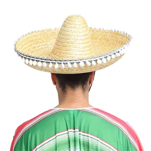 Chapeau sombrero mexicain en paille avec pompons et poncho rayé pour adultes