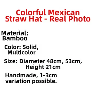 Detailed product specifications for Mexican straw hat showing bamboo material and sizes