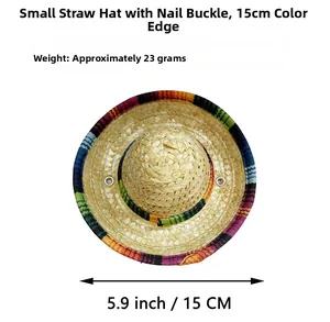 Detail view of 15cm Mexican straw hat with colorful trim and nail buckle info