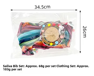 Packaging detail of Mexican hat and scarf set with 34.5cm x 26cm size and weight specs