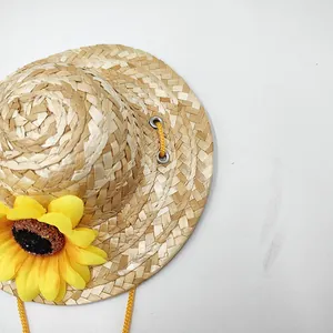 Nahaufnahme eines Mini-Mexikaner Strohhuts mit Sonnenblume für Haustiere, Partyzubehör