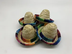 Set of four mini Mexican straw hats with colorful woven borders for pets or parties.