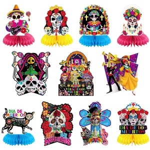 Detailed collection of 9 unique Dia de los Muertos themed honeycomb party decorations