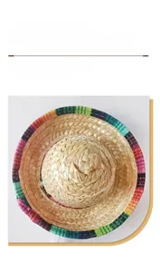 Hand-woven Mexican straw hat for pets featuring a vibrant colorful brim detail view