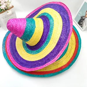 Macro view of a vibrant multi-colored Mexican straw hat showing detailed woven textures