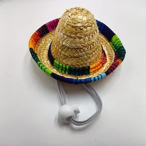 Detail of mini straw sombrero with vibrant colorful brim and adjustable chin strap
