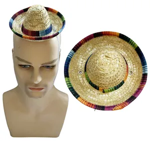 Mini Mexican straw sombrero hat with colorful trim for carnival and Halloween parties.