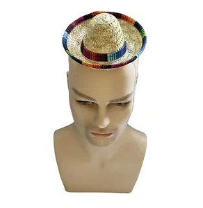 Detailed view of a mini Mexican carnival straw hat with a colorful striped brim on a model