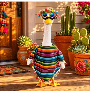 Detailed view of Mexican style porch goose outfit featuring a colorful poncho and straw hat.