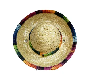Detailed top-down view of a straw Mexican sombrero featuring a colorful striped trim