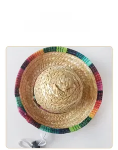 Mexican style mini straw hat for pets featuring a colorful rainbow brim design