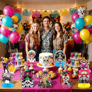 Day of the Dead party scene featuring colorful skull honeycomb decorations and balloons
