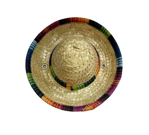 Top-down view of a traditional straw Mexican sombrero with a colorful rainbow brim.