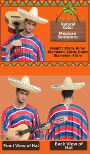 Dimensions détaillées et vues multi-angles d'un sombrero mexicain en paille naturelle