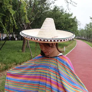 Detail of a traditional Mexican straw sombrero hat with a colorful striped poncho