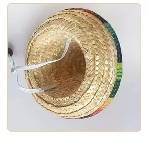 Vista detallada de un mini sombrero de paja para mascotas con borde colorido y elástico.