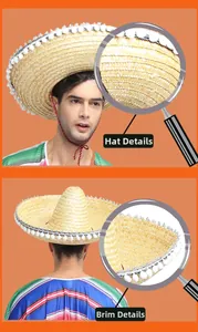 Vue détaillée d'un sombrero mexicain traditionnel en paille avec des pompons blancs et des sequins