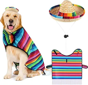Mexican festive dog costume set with colorful striped poncho and mini straw hat detail