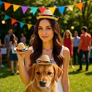 Mexican Sombrero Straw Hat Mini Fiesta Party Hat For Dogs Cats Kids Multicolor Striped Trim Ethnic Style Costume Accessory