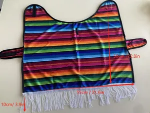 Detail view showing dimensions of the Mexican style striped pet poncho with fringe