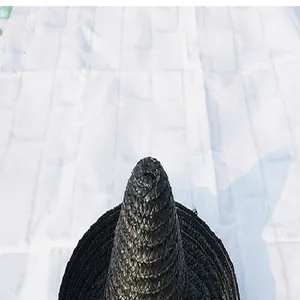 Close-up of black woven Halloween party hat showing intricate texture and pointed crown