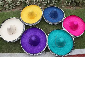 Mexican Sombrero Hat Pointed Wide Brim Bamboo Straw Hat With White Pom Poms For Fiesta Party Cinco De Mayo Carnival Costume Accessory