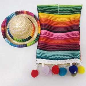 Vista dettagliata di un mini sombrero e di un poncho a righe colorate con pompon