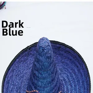 Close-up detail of a dark blue Mexican woven straw hat perfect for carnival parties