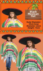 Chapeau sombrero mexicain noir et poncho à rayures colorées pour enfants fête de carnaval