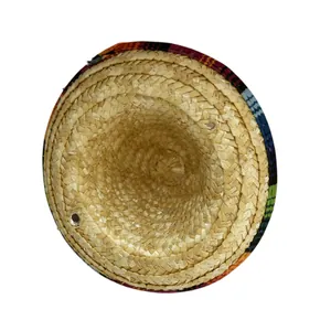 Handcrafted Mexican straw sombrero hat featuring a colorful woven brim for festivals