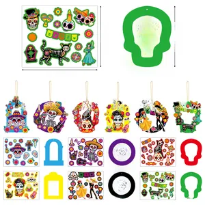 Day of the Dead party decoration set with sugar skull stickers and hanging tags