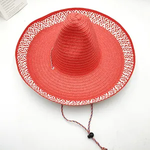 Chapeau de paille mexicain rouge tissé avec large bord à motifs et cordon jugulaire