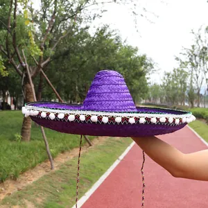 Detail of purple Mexican straw sombrero with white pom-pom trim and ethnic patterns.