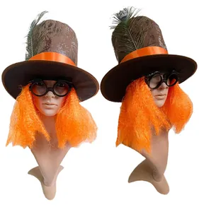 Mad Hatter costume set with brown top hat, peacock feather, orange wig, and glasses.