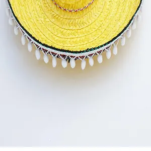 Close-up detail of yellow festive straw hat with white pom-pom trim and colorful rope.