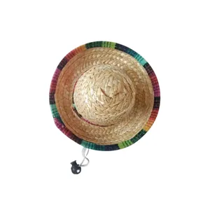 Mini sombrero de paja mexicano para mascotas con ala de colores y cordón ajustable