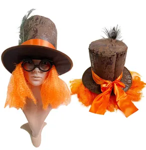 Mad Hatter style top hat with vibrant orange wig and goggles for Halloween party cosplay